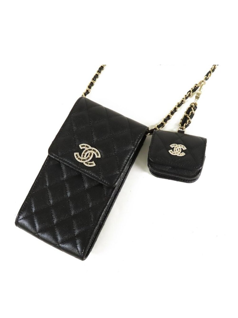 Chanel Shoulder Pouch Airpods Case Black Gold Caviar Leather